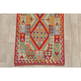 Turkish Kilim Hand-Woven Diamond Oriental Modern Wool Runner Rug - 6'7" x 3'4" Runner