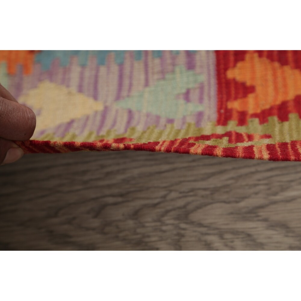 Turkish Kilim Hand-Woven Diamond Oriental Modern Wool Runner Rug - 6'7" x 3'4" Runner