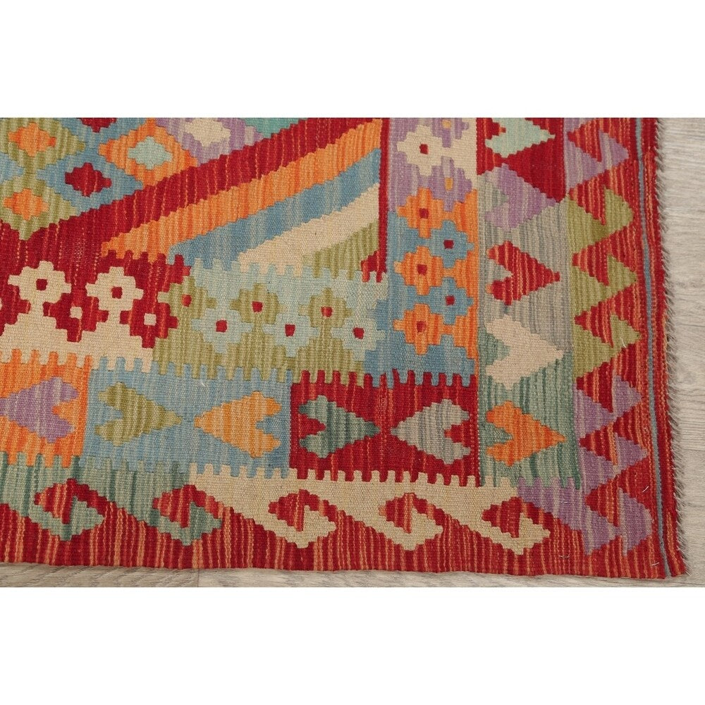 Turkish Kilim Hand-Woven Diamond Oriental Modern Wool Runner Rug - 6'7" x 3'4" Runner