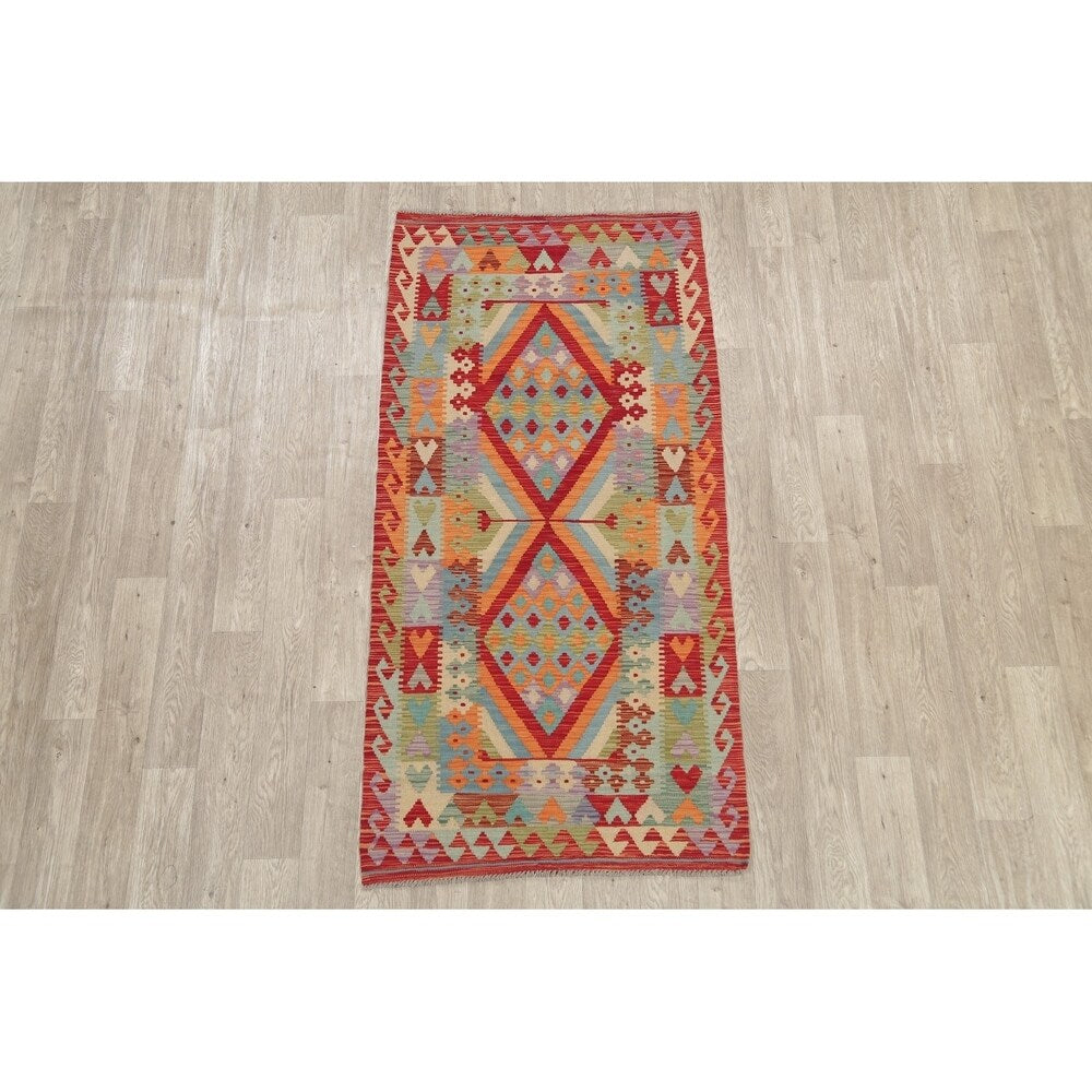 Turkish Kilim Hand-Woven Diamond Oriental Modern Wool Runner Rug - 6'7" x 3'4" Runner