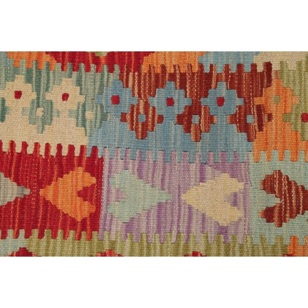 Turkish Kilim Hand-Woven Diamond Oriental Modern Wool Runner Rug - 6'7" x 3'4" Runner