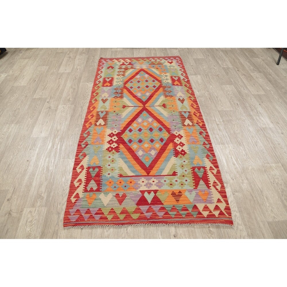 Turkish Kilim Hand-Woven Diamond Oriental Modern Wool Runner Rug - 6'7" x 3'4" Runner