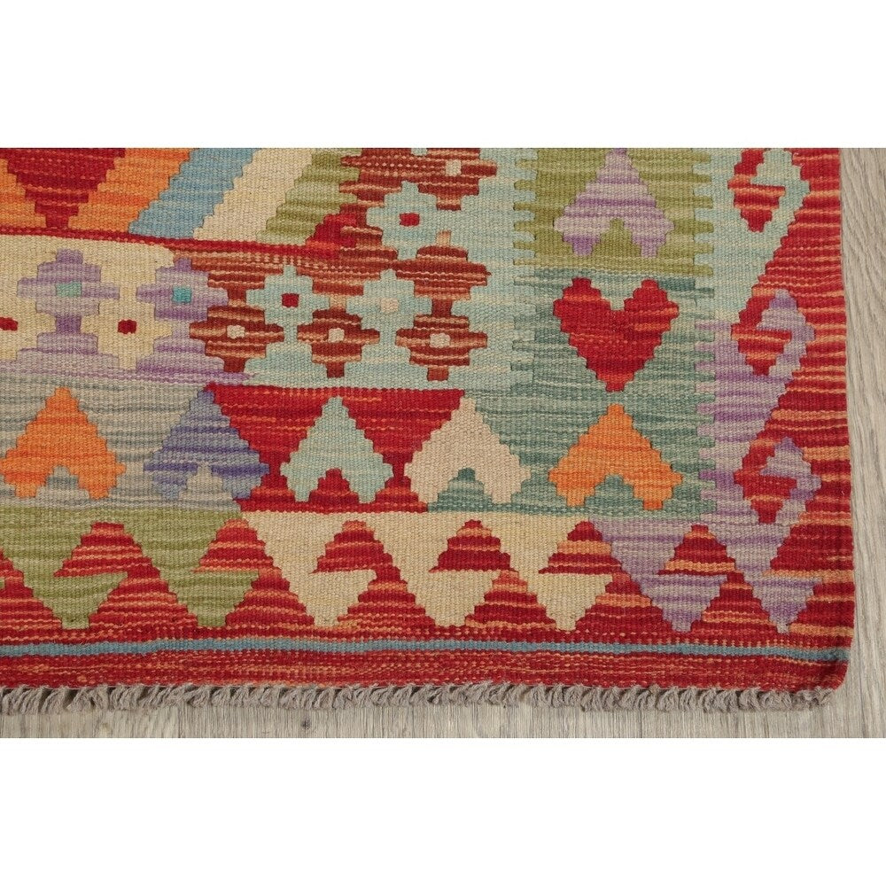 Turkish Kilim Hand-Woven Diamond Oriental Modern Wool Runner Rug - 6'7" x 3'4" Runner