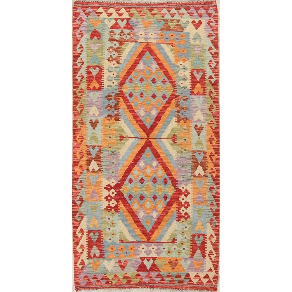 Turkish Kilim Hand-Woven Diamond Oriental Modern Wool Runner Rug - 6'7" x 3'4" Runner