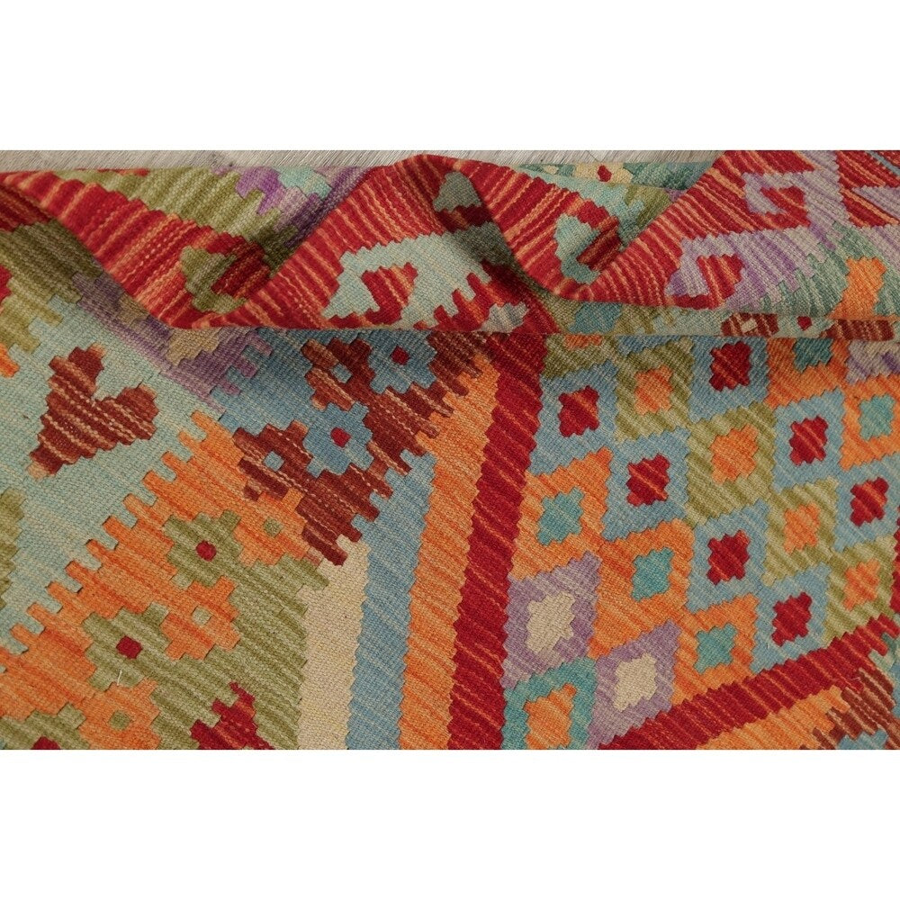 Turkish Kilim Hand-Woven Diamond Oriental Modern Wool Runner Rug - 6'7" x 3'4" Runner