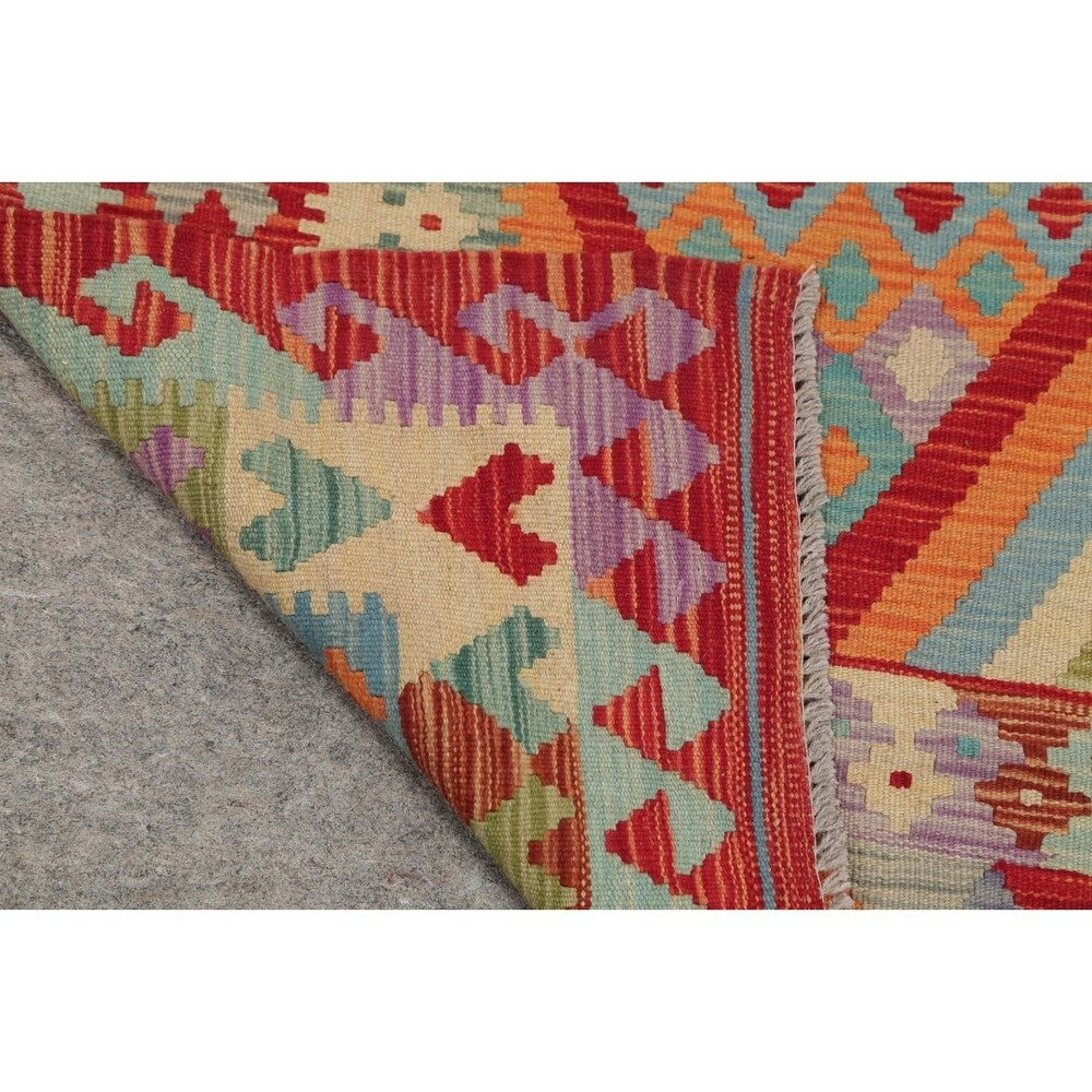 Turkish Kilim Hand-Woven Diamond Oriental Modern Wool Runner Rug - 6'7" x 3'4" Runner