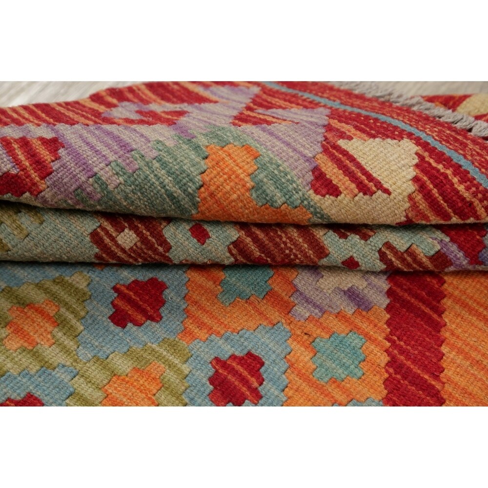Turkish Kilim Hand-Woven Diamond Oriental Modern Wool Runner Rug - 6'7" x 3'4" Runner