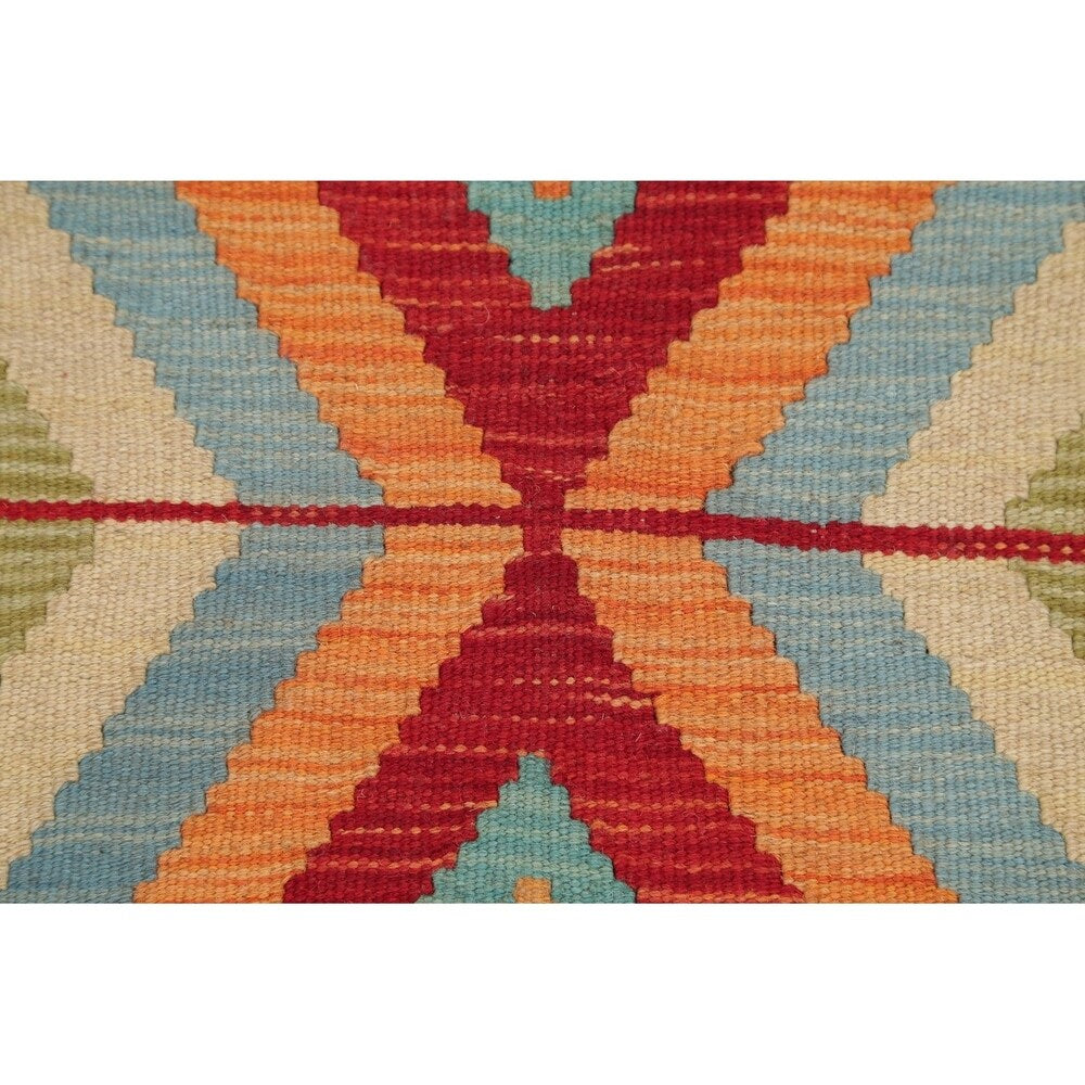 Turkish Kilim Hand-Woven Diamond Oriental Modern Wool Runner Rug - 6'7" x 3'4" Runner
