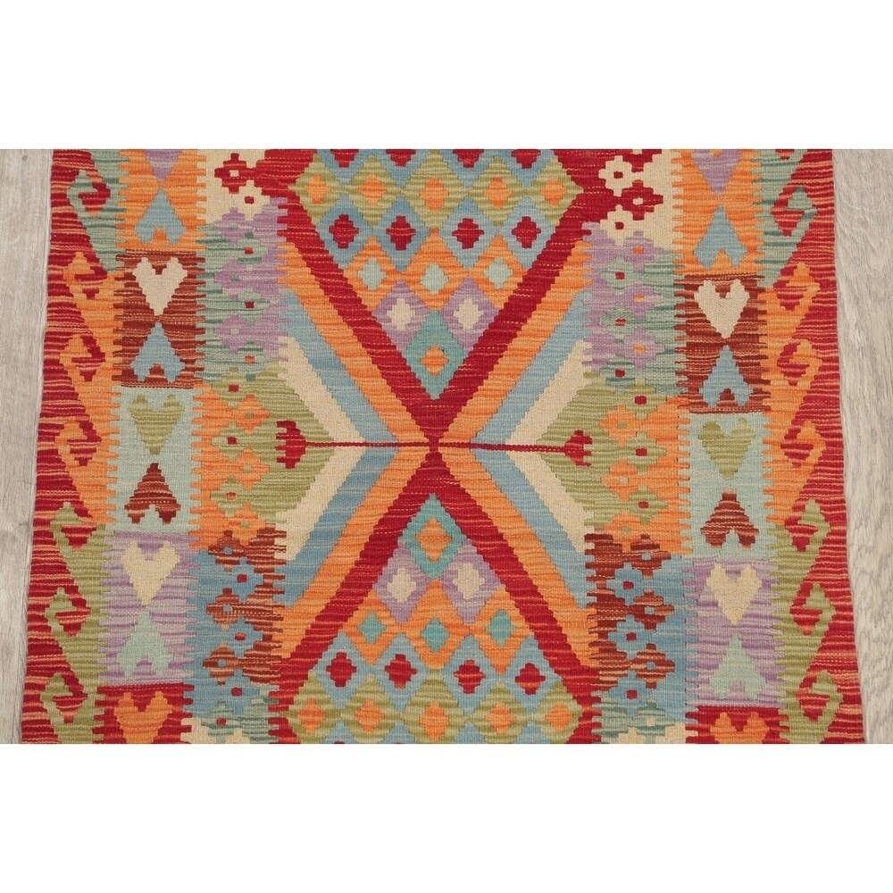 Turkish Kilim Hand-Woven Diamond Oriental Modern Wool Runner Rug - 6'7" x 3'4" Runner
