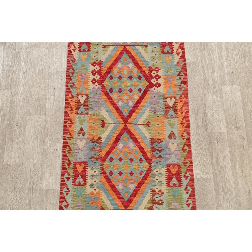 Turkish Kilim Hand-Woven Diamond Oriental Modern Wool Runner Rug - 6'7" x 3'4" Runner