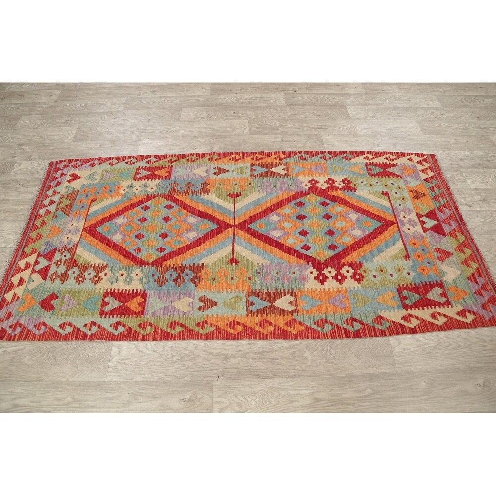 Turkish Kilim Hand-Woven Diamond Oriental Modern Wool Runner Rug - 6'7" x 3'4" Runner