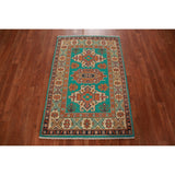Turquoise Green Kazak Foyer Rug Hand-Knotted Geometric Wool Carpet - 2'7"x 4'0"