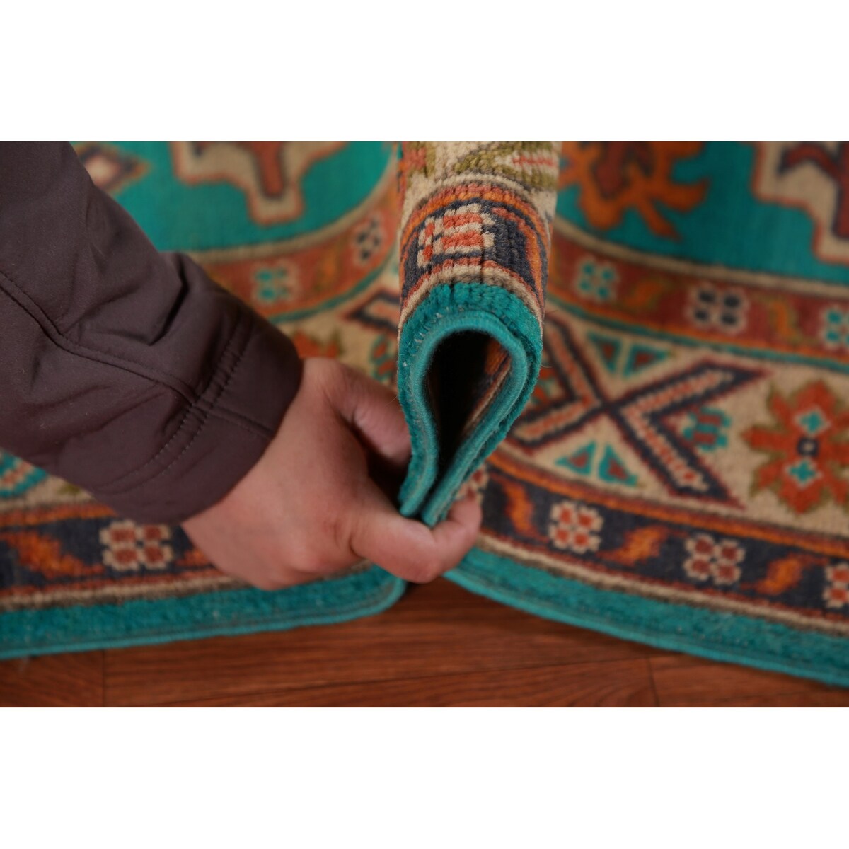 Turquoise Green Kazak Foyer Rug Hand-Knotted Geometric Wool Carpet - 2'7"x 4'0"