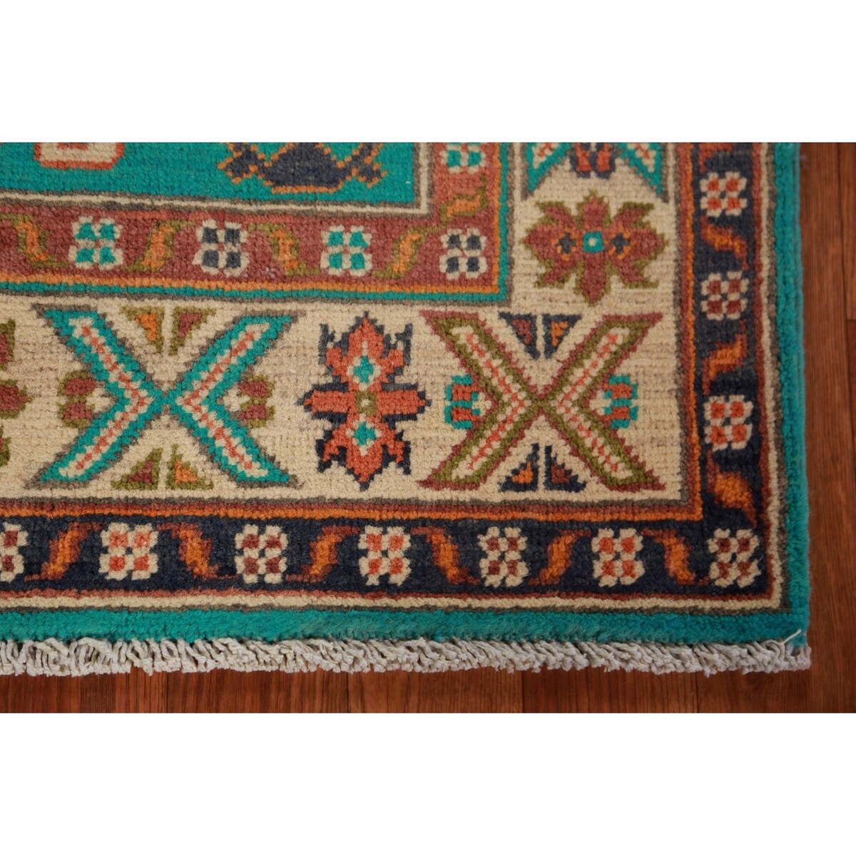 Turquoise Green Kazak Foyer Rug Hand-Knotted Geometric Wool Carpet - 2'7"x 4'0"