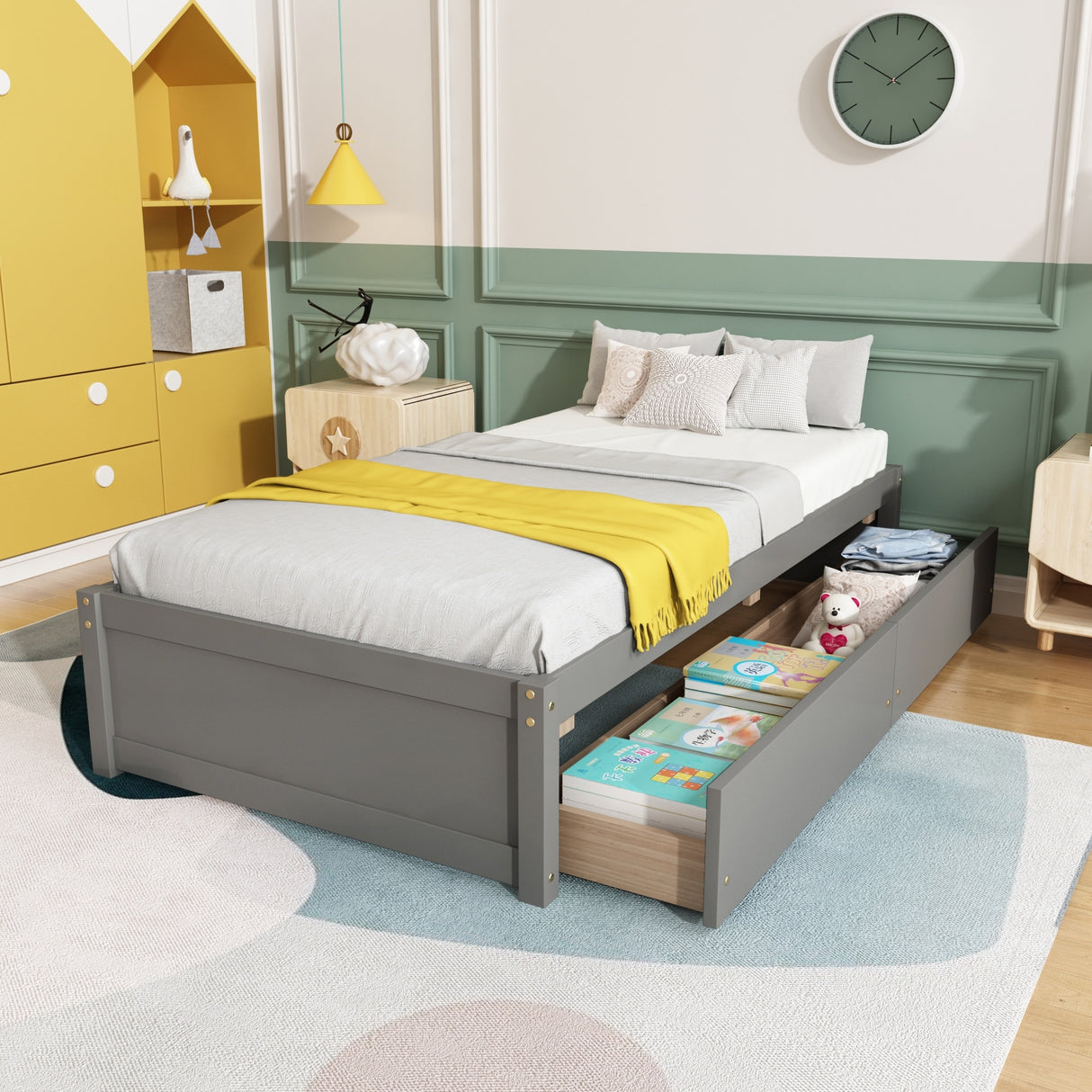Twin Bed with 2 Drawers, Solid Wood, No Box Spring Needed