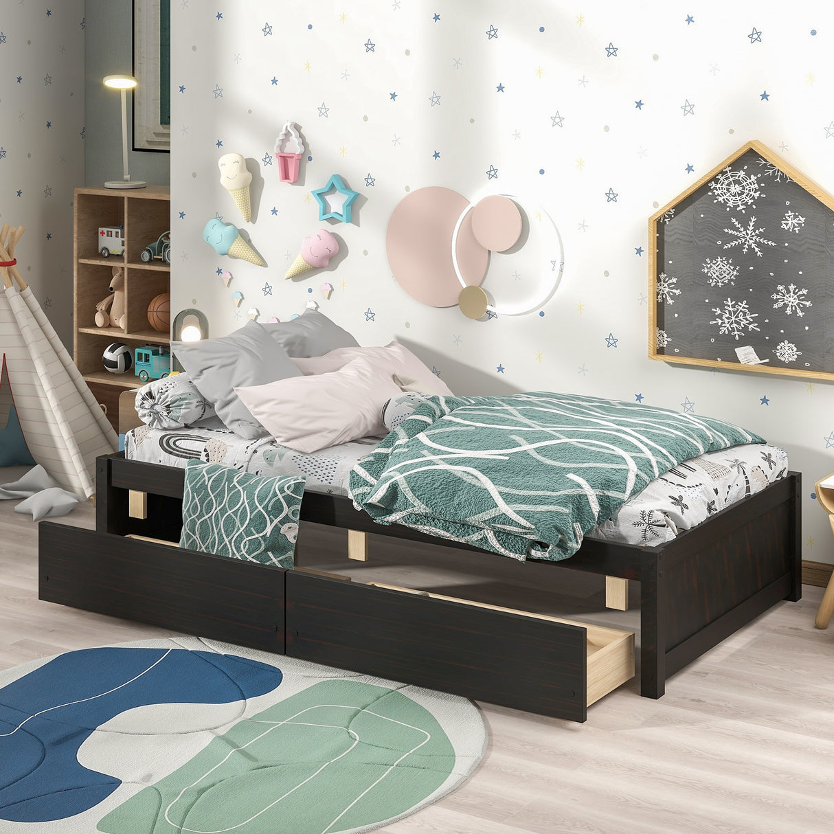 Twin Bed with 2 Drawers, Solid Wood, No Box Spring Needed