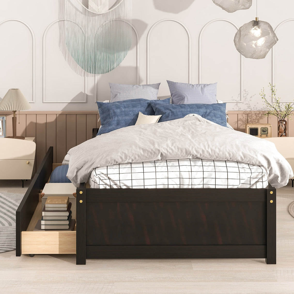 Twin Bed with 2 Drawers, Solid Wood, No Box Spring Needed