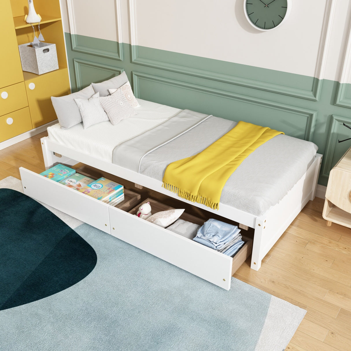 Twin Bed with 2 Drawers, Solid Wood, No Box Spring Needed