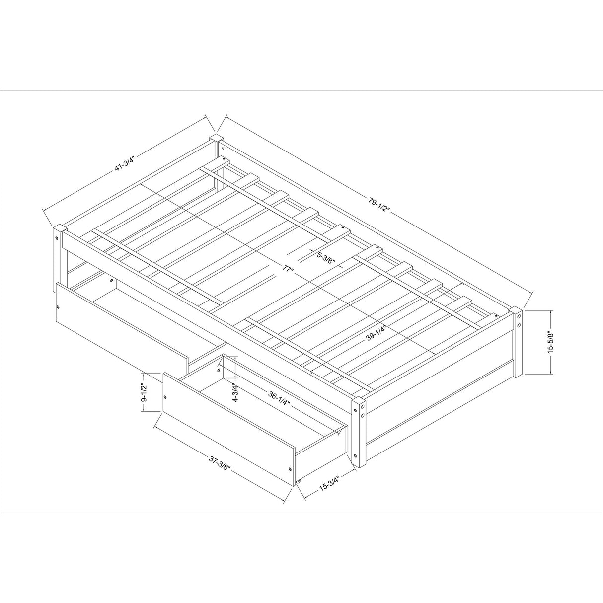 Twin Bed with 2 Drawers, Solid Wood, No Box Spring Needed