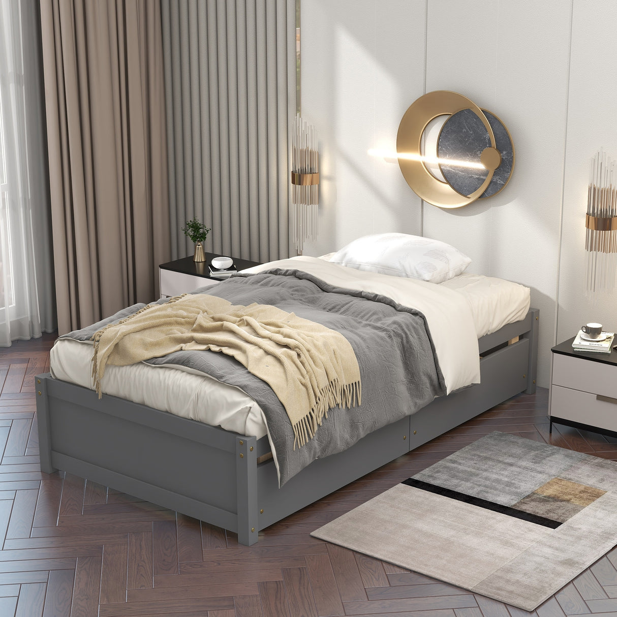 Twin Bed with 2 Drawers, Solid Wood, No Box Spring Needed