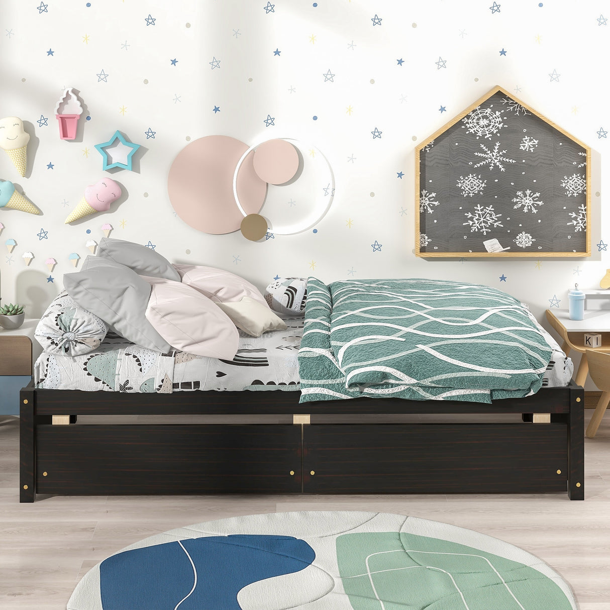 Twin Bed with 2 Drawers, Solid Wood, No Box Spring Needed