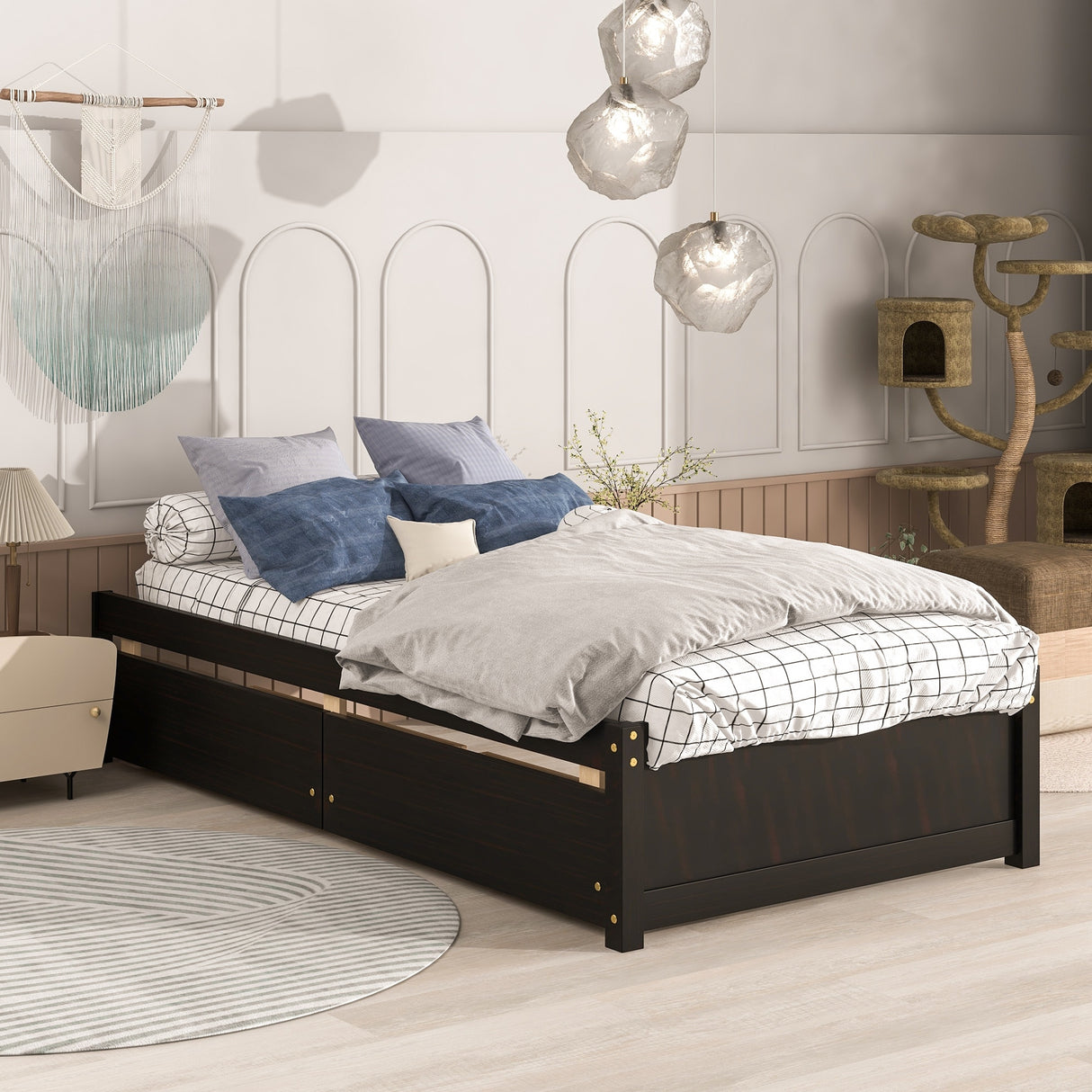 Twin Bed with 2 Drawers, Solid Wood, No Box Spring Needed
