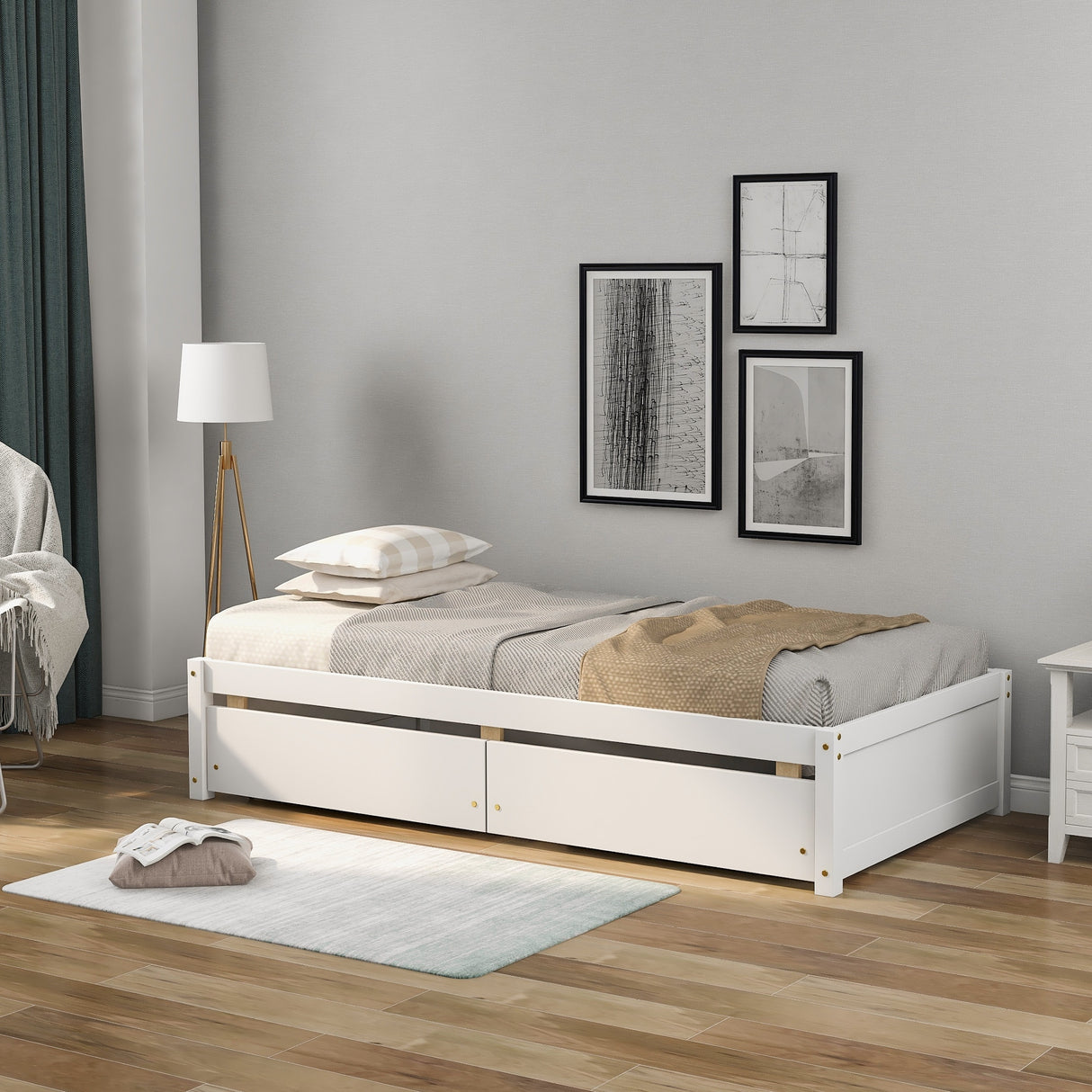 Twin Bed with 2 Drawers, Solid Wood, No Box Spring Needed