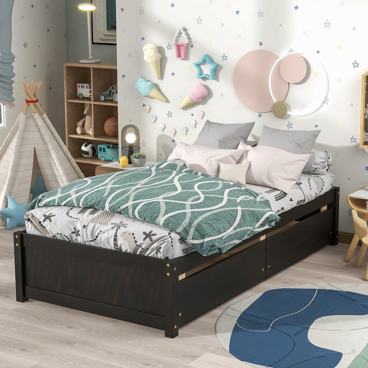 Twin Bed with 2 Drawers, Solid Wood, No Box Spring Needed