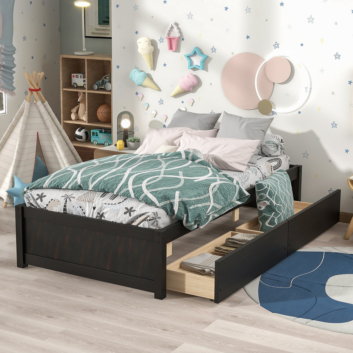 Twin Bed with 2 Drawers, Solid Wood, No Box Spring Needed