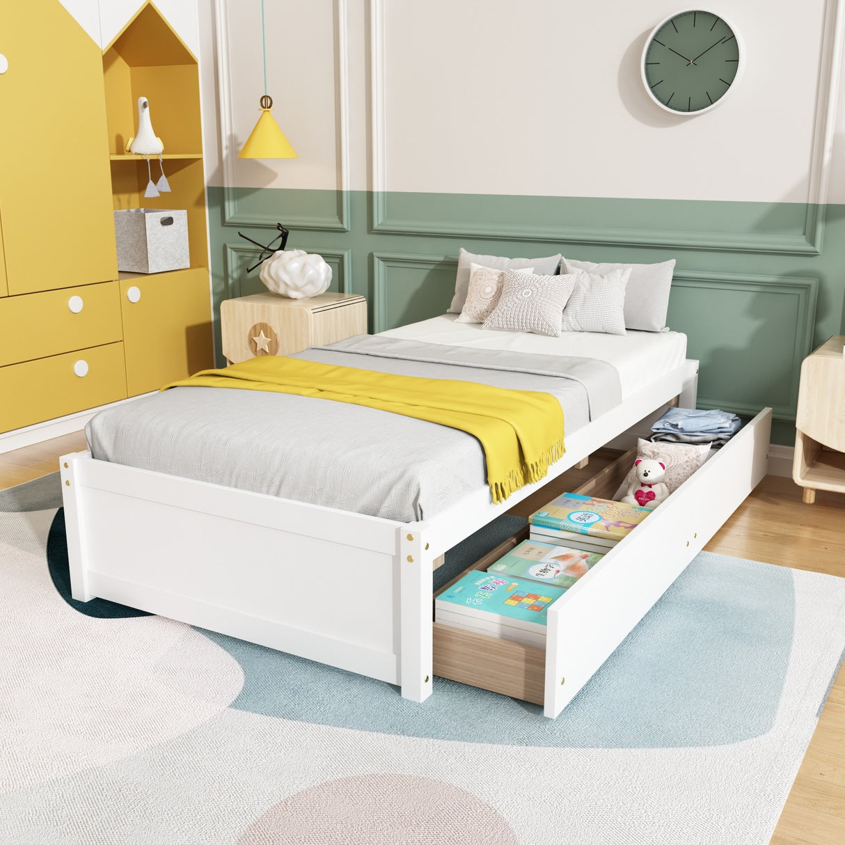 Twin Bed with 2 Drawers, Solid Wood, No Box Spring Needed