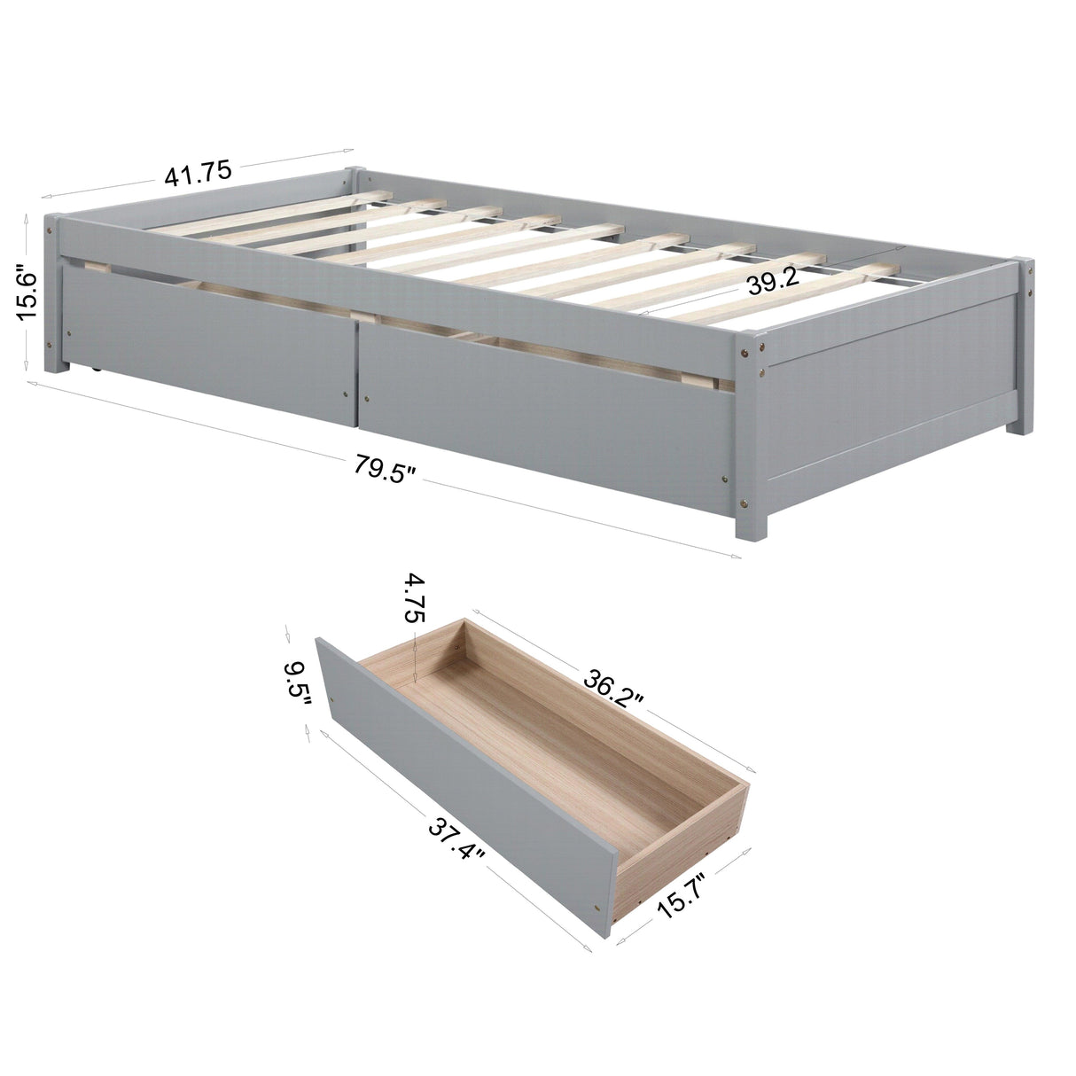 Twin Bed with 2 Drawers, Solid Wood, No Box Spring Needed