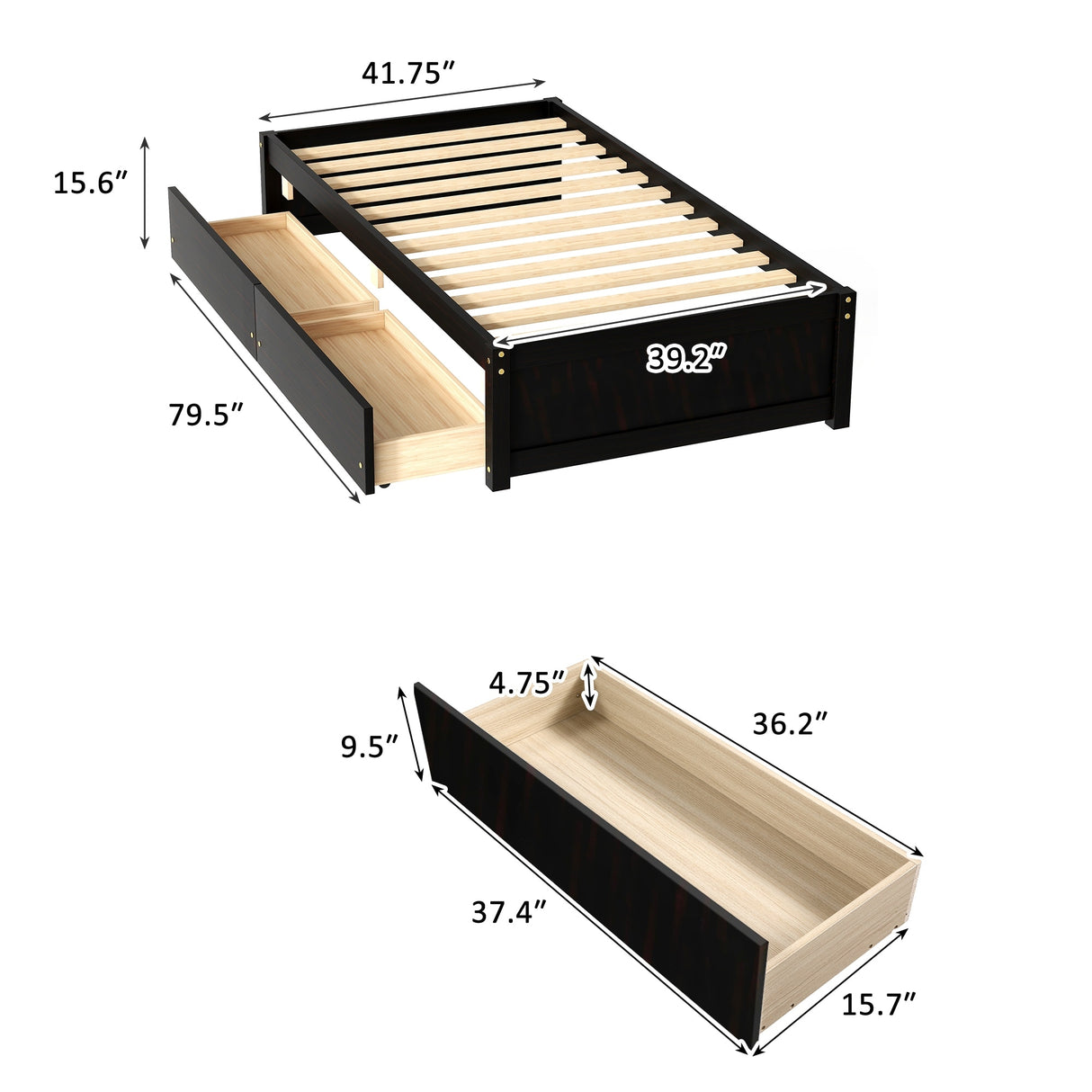Twin Bed with 2 Drawers, Solid Wood, No Box Spring Needed
