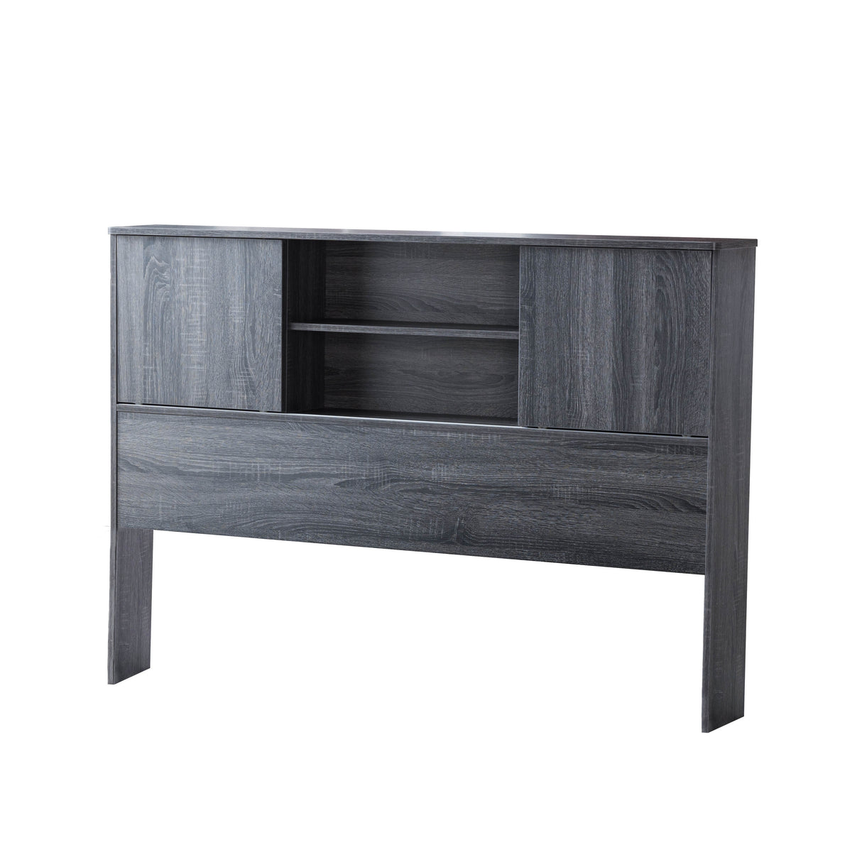 Twin Bookcase Headboard with 2 Sliding Doors, Distressed Gray
