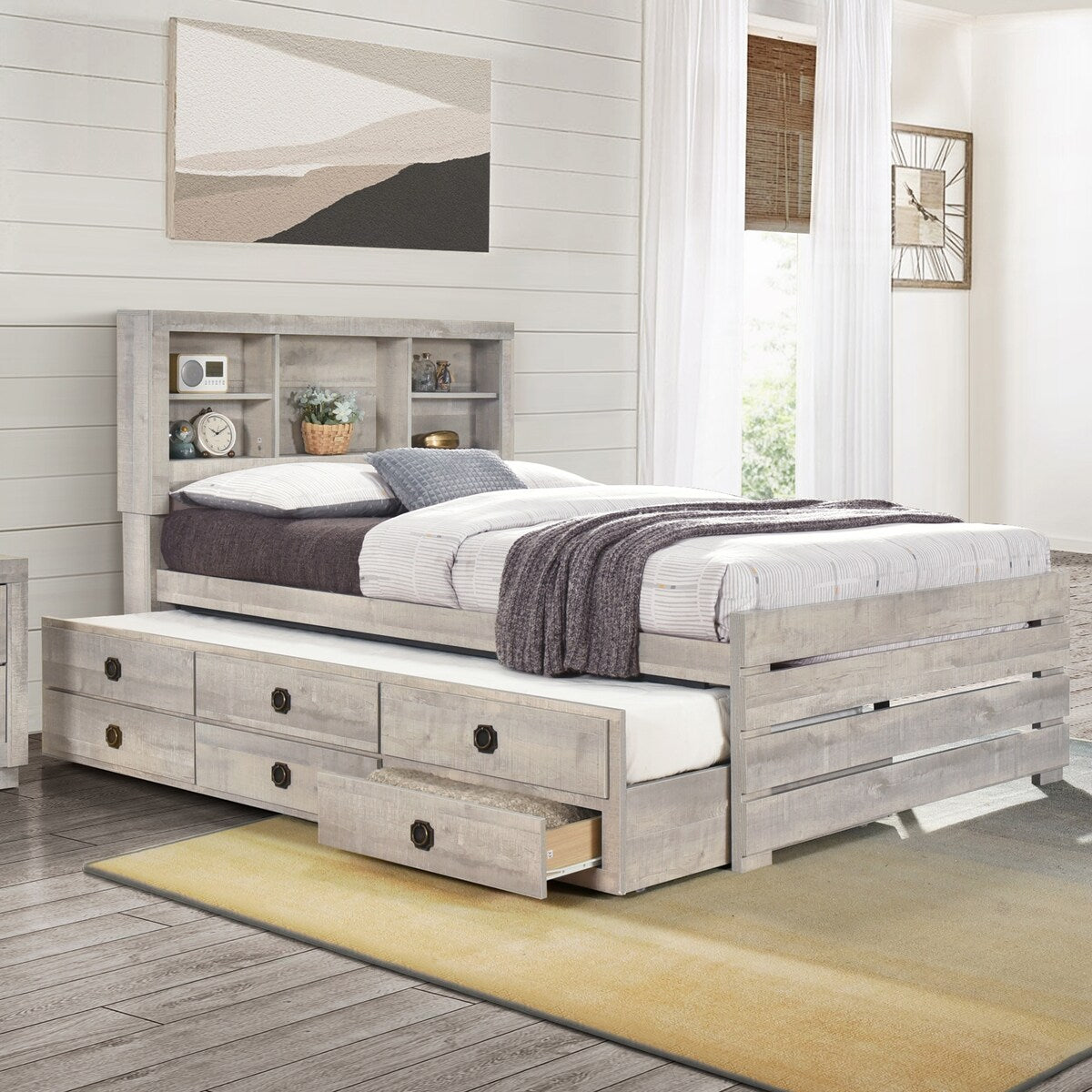 Twin Captain Bed with Bookcase Headboard Wood Platform Bed Frame with Overstock