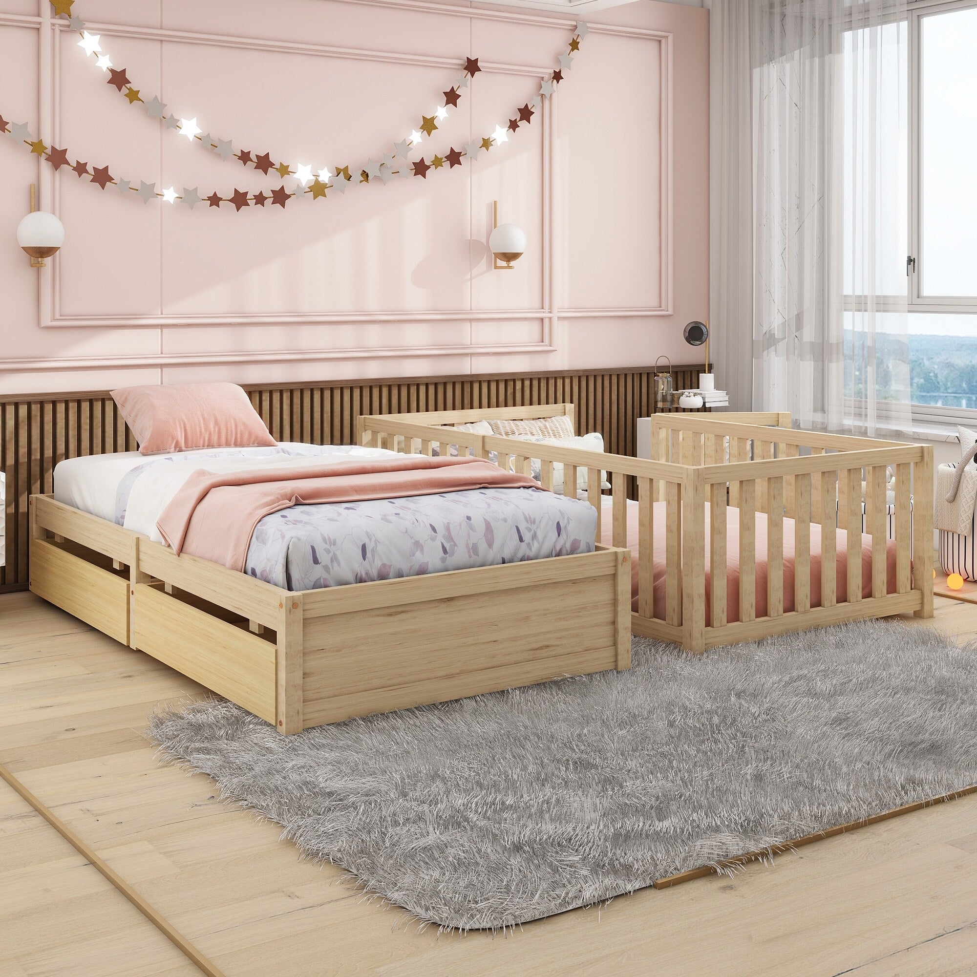 Twin Daybed with Fence Guardrails and 2 Drawers Wood Frame Montessori Overstock