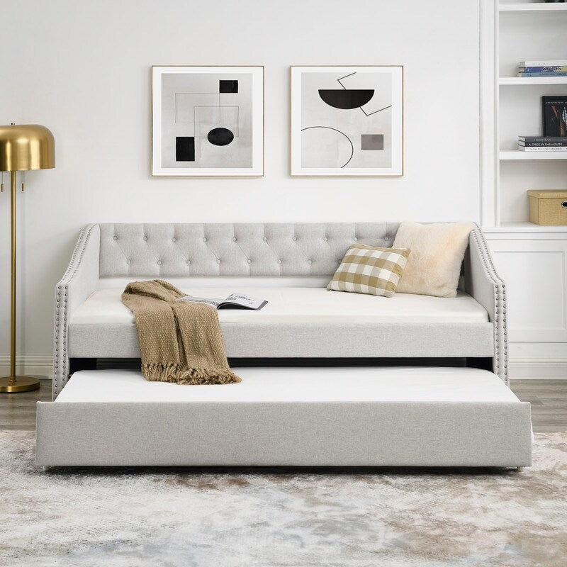 Twin Daybed with Twin Size Trundle Upholstered Tufted Sofa Bed