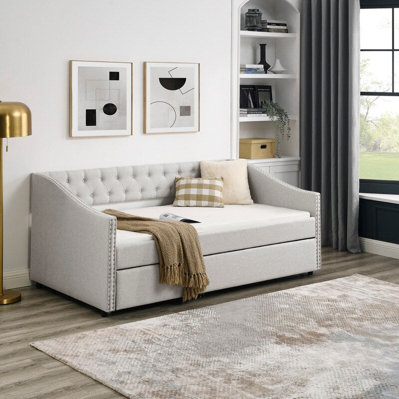Twin Daybed with Twin Size Trundle Upholstered Tufted Sofa Bed