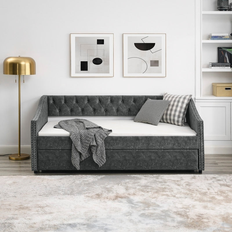 Twin Daybed with Twin Size Trundle Upholstered Tufted Sofa Bed