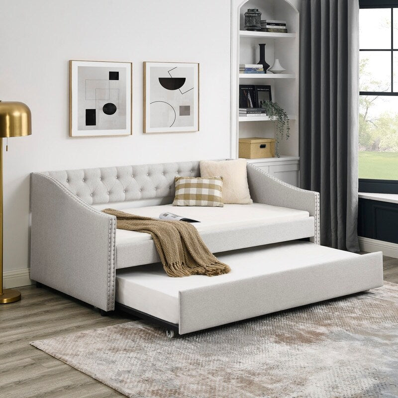 Twin Daybed with Twin Size Trundle Upholstered Tufted Sofa Bed