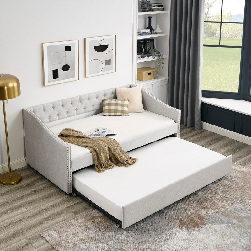 Twin Daybed with Twin Size Trundle Upholstered Tufted Sofa Bed