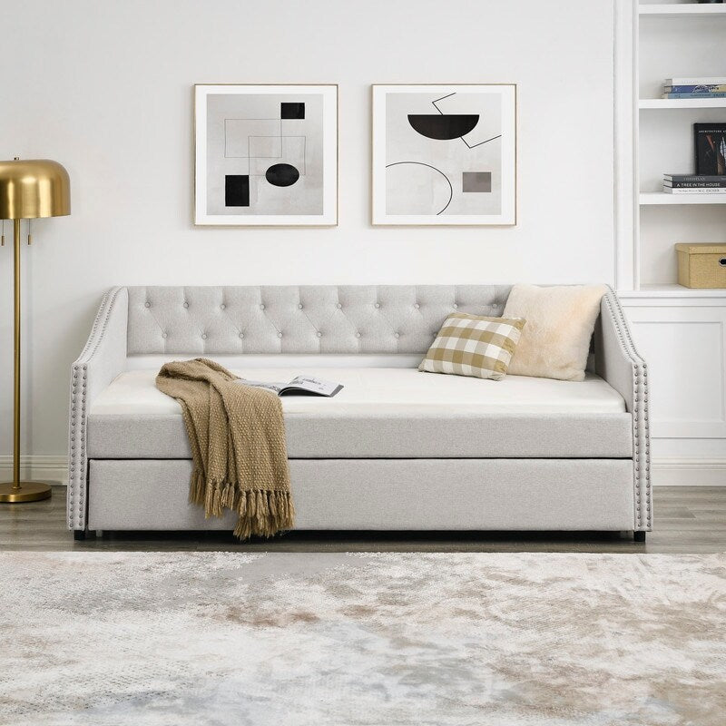 Twin Daybed with Twin Size Trundle Upholstered Tufted Sofa Bed