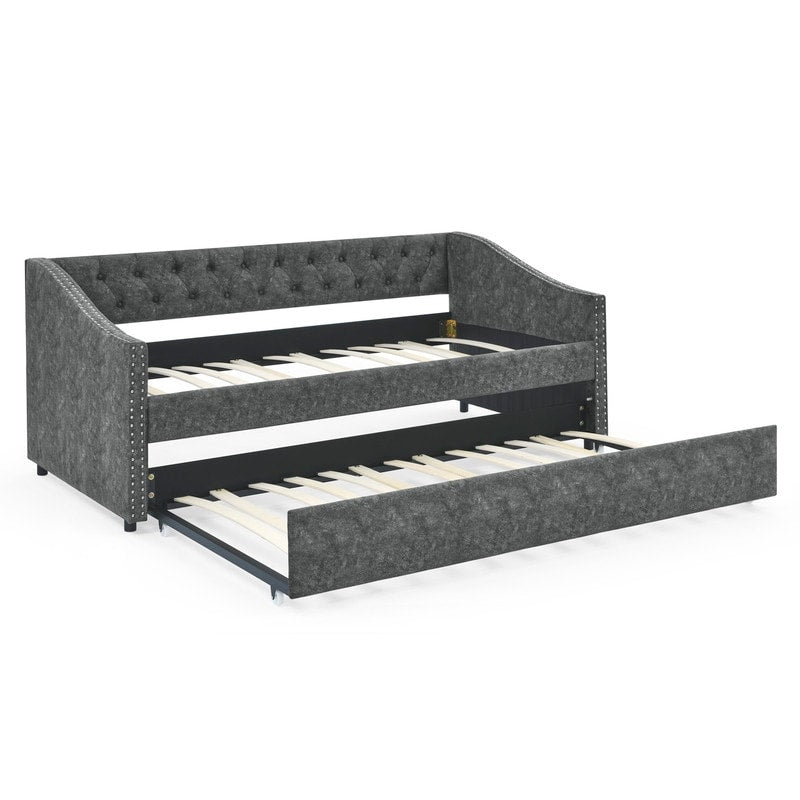 Twin Daybed with Twin Size Trundle Upholstered Tufted Sofa Bed