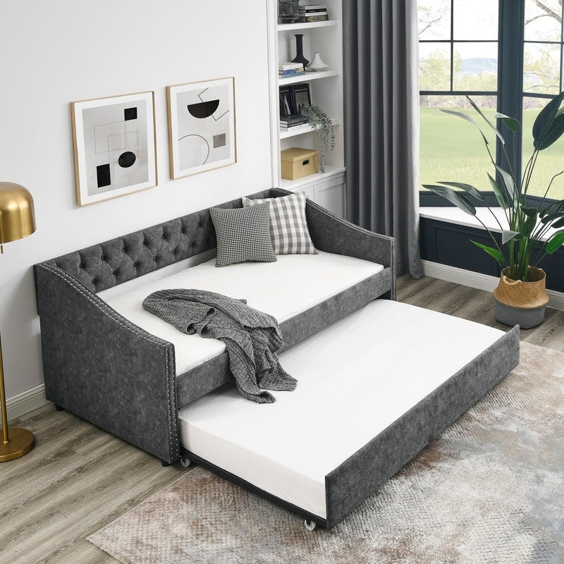 Twin Daybed with Twin Size Trundle Upholstered Tufted Sofa Bed