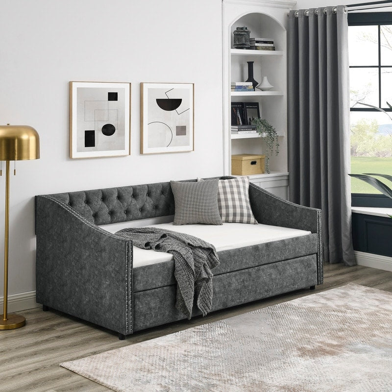 Twin Daybed with Twin Size Trundle Upholstered Tufted Sofa Bed