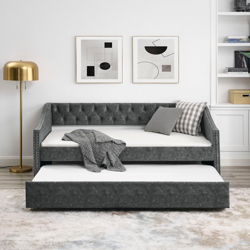 Twin Daybed with Twin Size Trundle Upholstered Tufted Sofa Bed