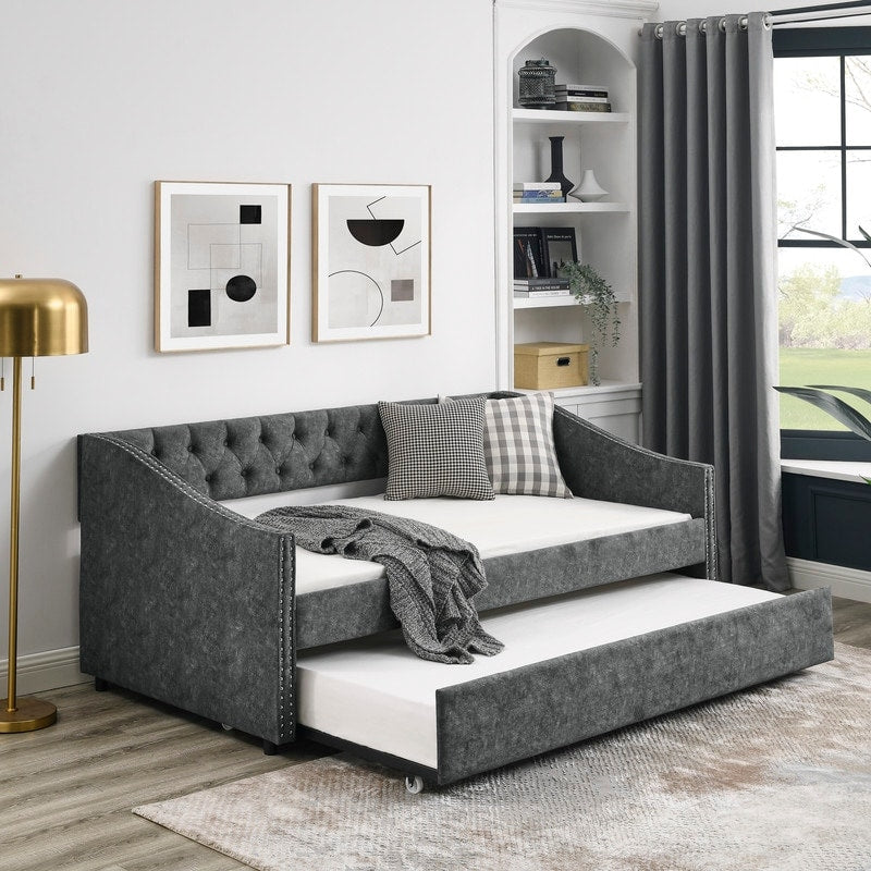 Twin Daybed with Twin Size Trundle Upholstered Tufted Sofa Bed