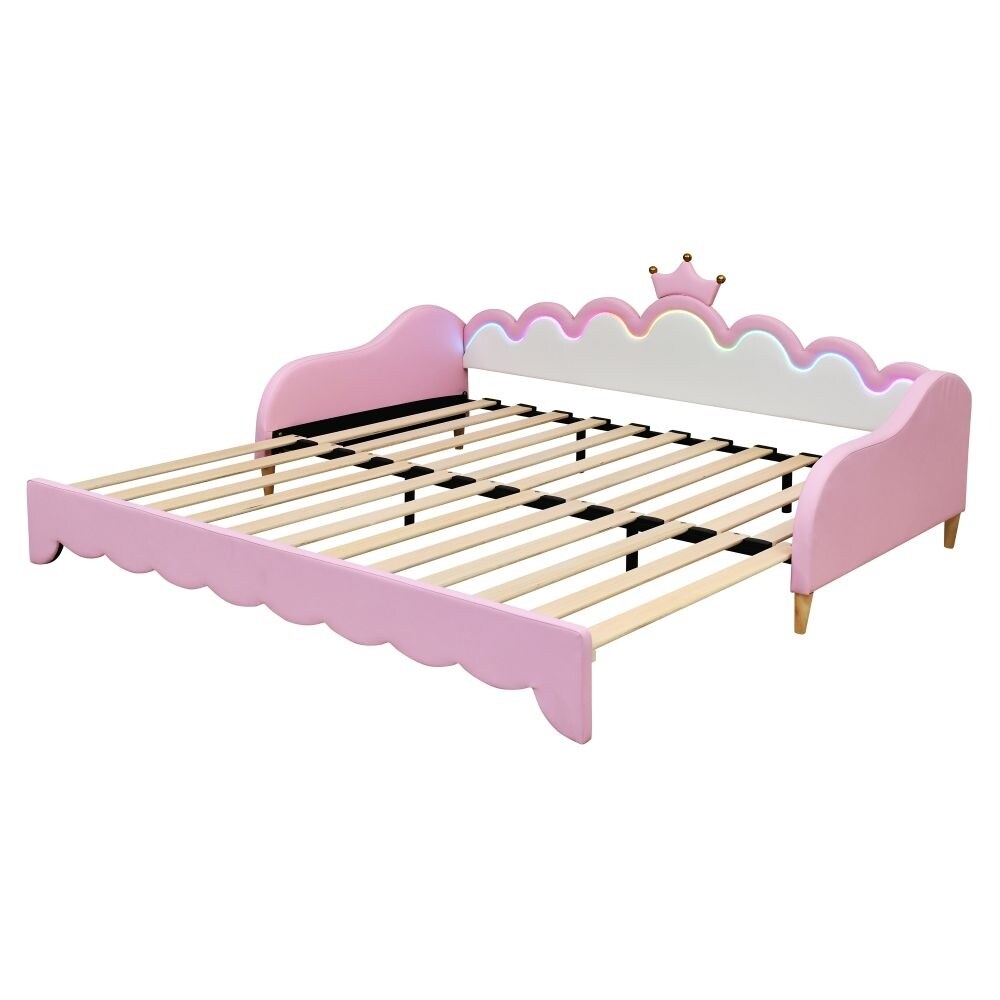 Twin Extending Daybed with LED Lights, Modern Upholstered Princess Daybed