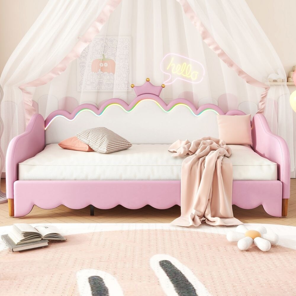 Twin Extending Daybed with LED Lights, Modern Upholstered Princess Daybed