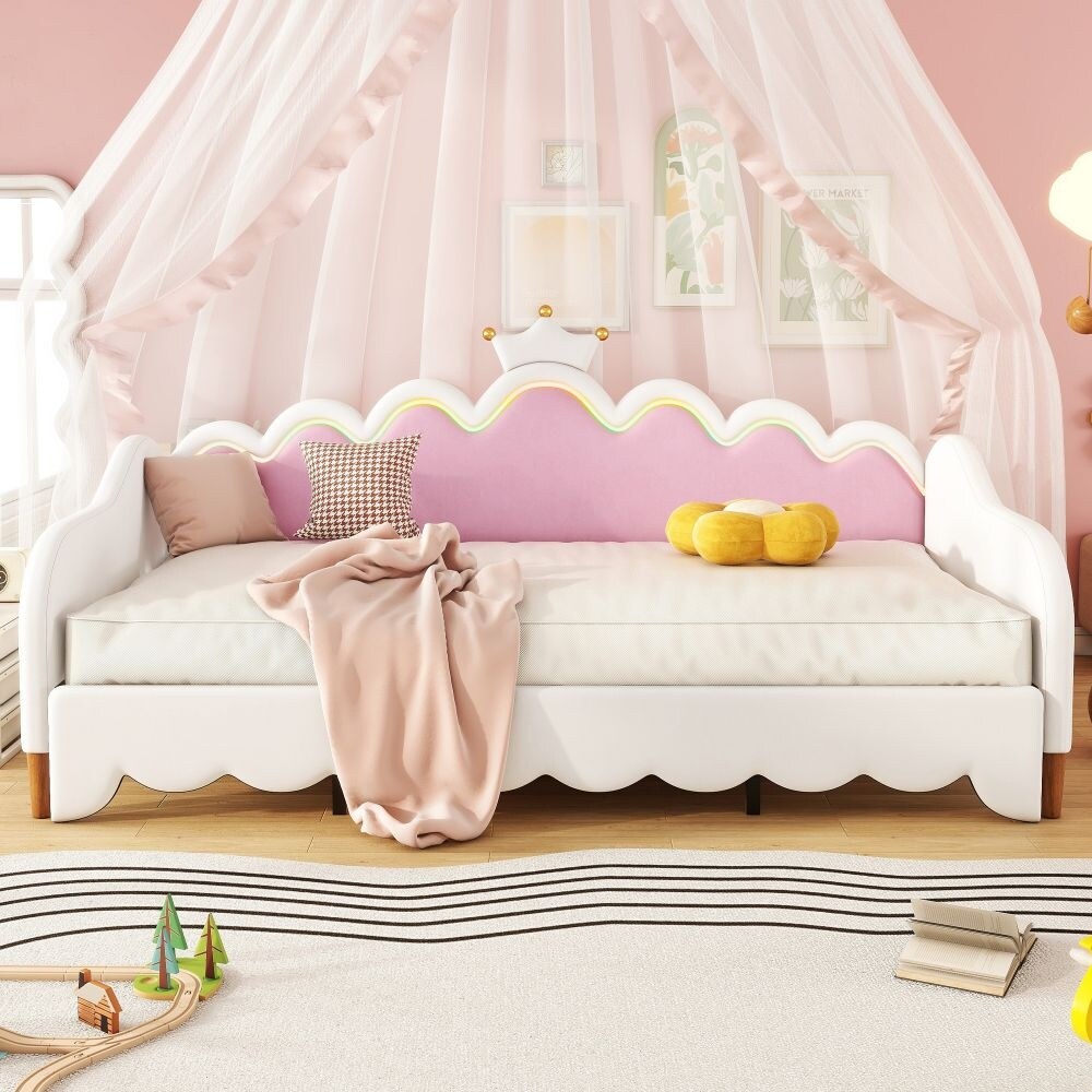 Twin Extending Daybed with LED Lights, Modern Upholstered Princess Daybed