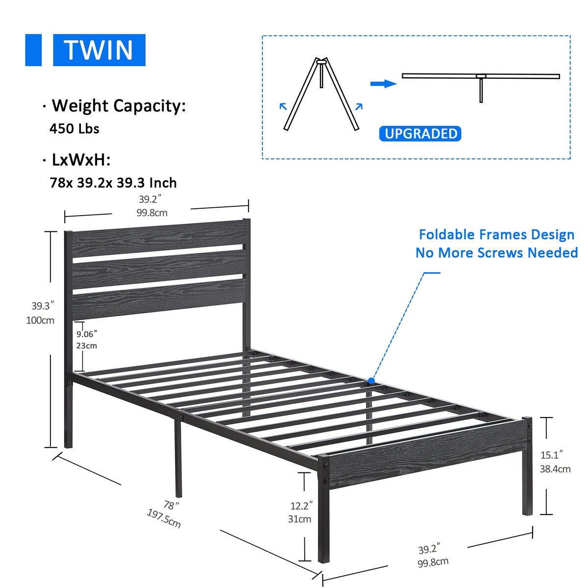 Javlergo Platform Bed Frame with Wood Headboard, Strong Metal Slats Support/No Box Spring Needed, Black